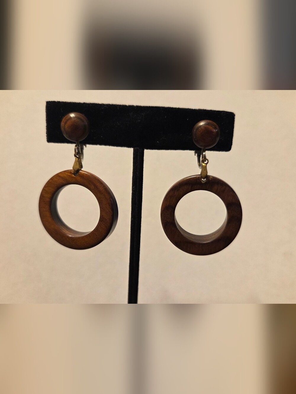 Vintage Wooden Hoop Drop Clip-On Earrings